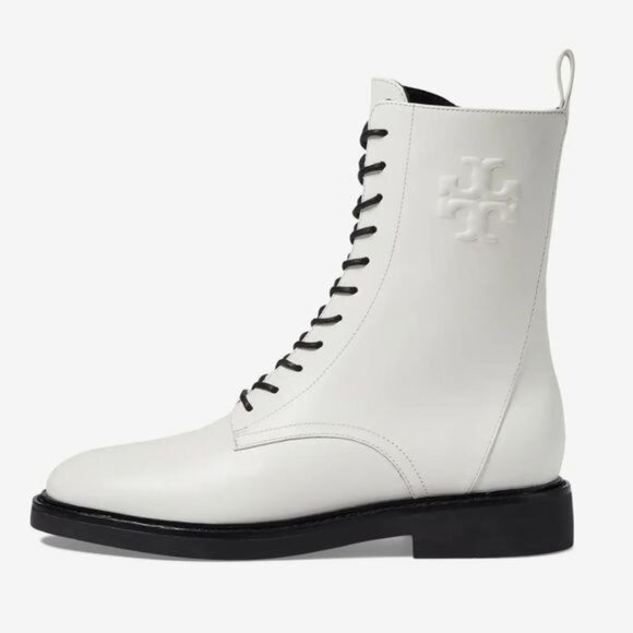NWOB Tory Burch Double-T Croc Embossed Combat Boot in Blanc Size 7.5 - Picture 2 of 15